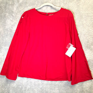 Kensie Womens Blouse Red Medium Round Neck Split Flare Sleeve Keyhole Back